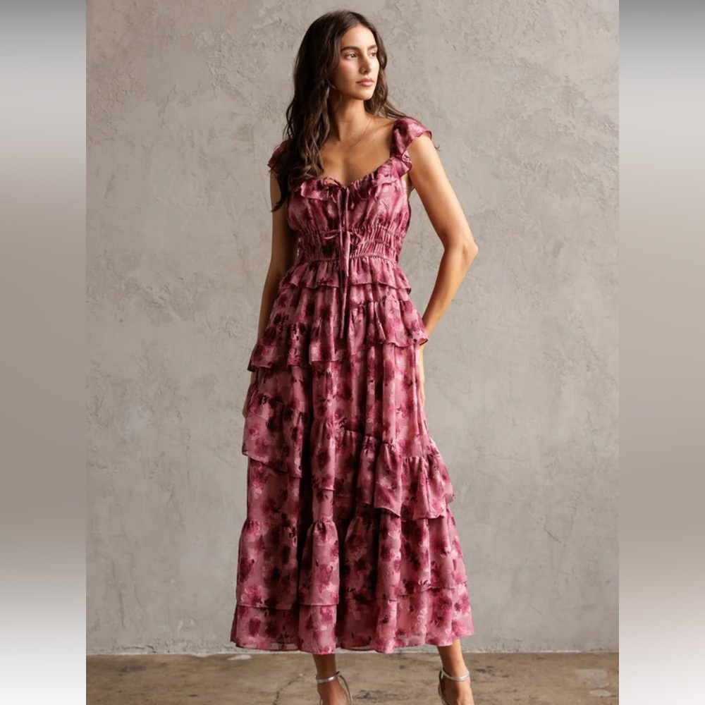 Storia Pink Floral Ruffle Maxi Dress